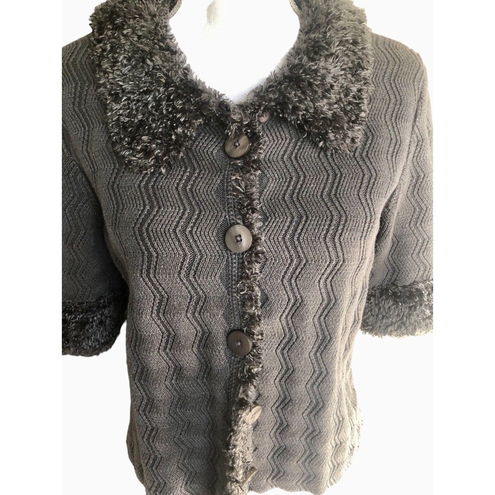 Michael Simon Rare Y2K Sweater Slate Blue Fab Buttons‎ Fur Collar Beautiful Knit